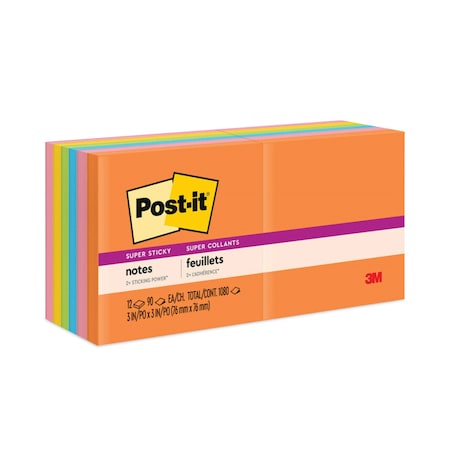 Post-It Pads in Energy Boost Collection Colors, 3" x 3", 90 Sheets/Pad, PK12 654-12SSUC